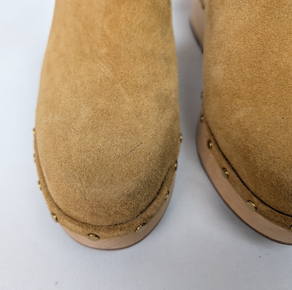 J. Crew Dakota Clogs in Suede Burnished Pecan Studded Leather Wood Sole - Picture 6 of 13